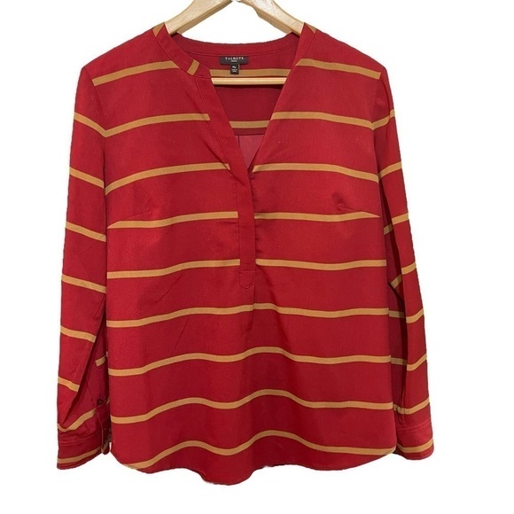 Talbots Tops - Talbots‎ Long Sleeve Red Gold Stripe Shirt 3/4 Button Down Women's Size Medium P